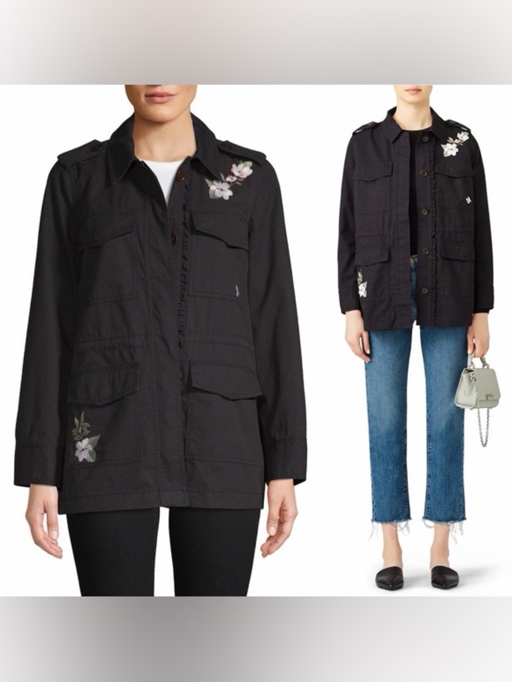 Kate Spade Black with Floral Embroidery Army Jacket Size Small